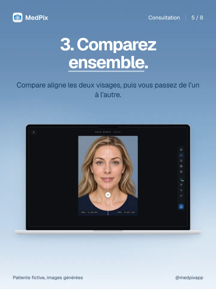 Deux photos du même visage alignées et comparées avec un curseur.