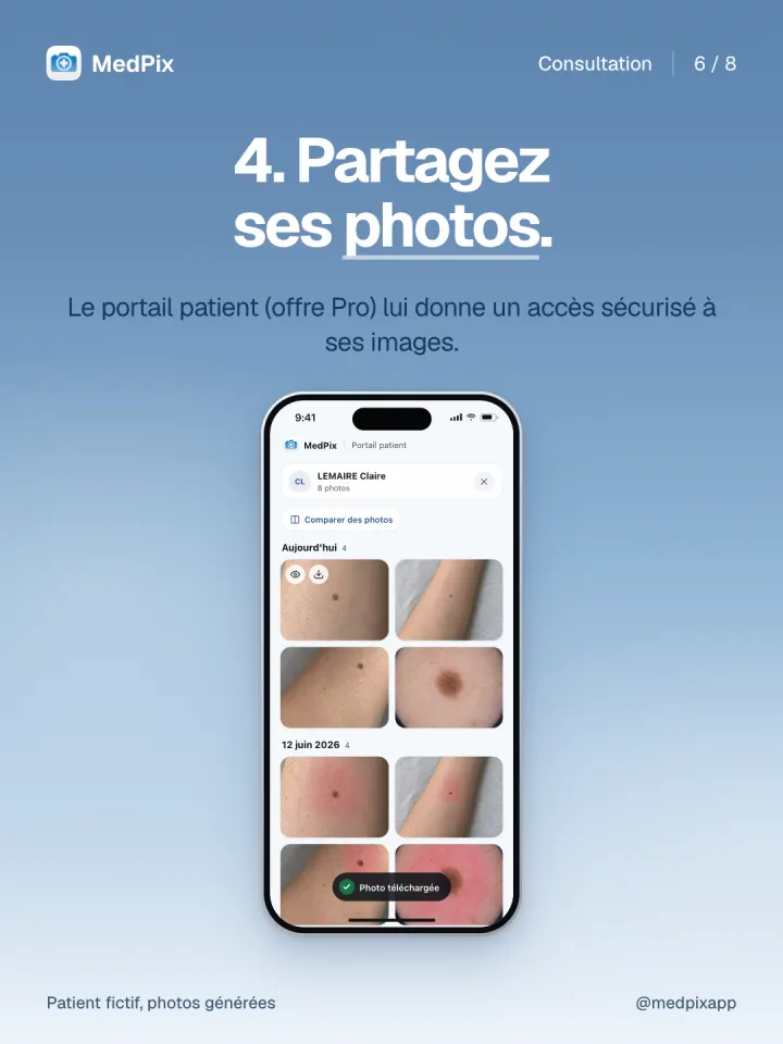 Le portail patient ouvert sur iPhone, avec les photos partagées.