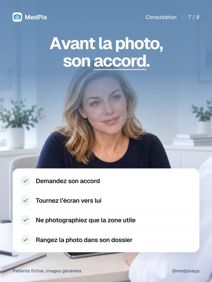 Fiche : demandez son accord, tournez l'écran vers lui, ne photographiez que la zone utile, rangez la photo dans son dossier.