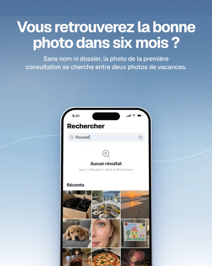 Une recherche du nom d'un patient dans la photothèque du téléphone, sans aucun résultat.