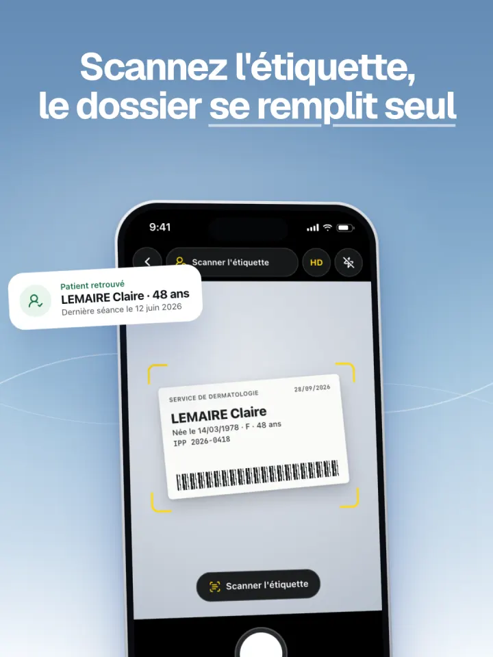 Le scan de l'étiquette du patient retrouve son dossier et sa dernière séance.
