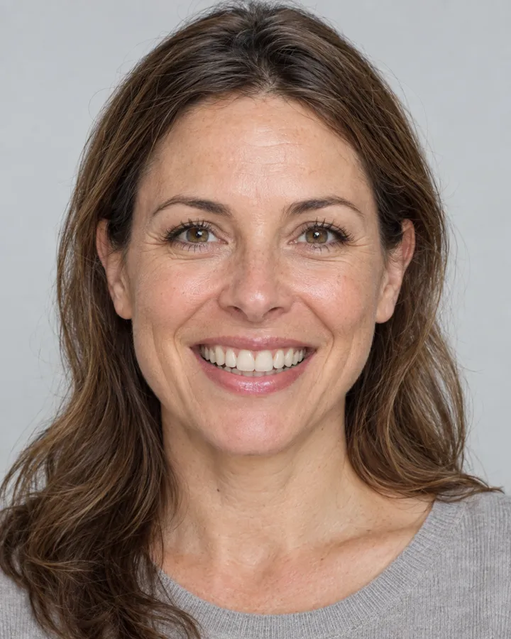 Portrait de face d'une patiente souriante, sur fond gris uni.