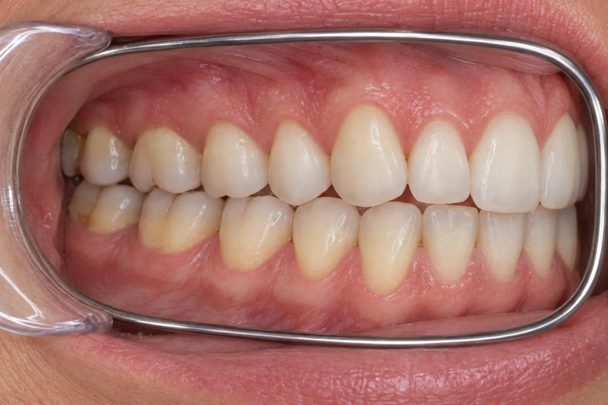 Vue latérale droite prise au miroir, dents en occlusion, écarteur et cadre du miroir visibles.