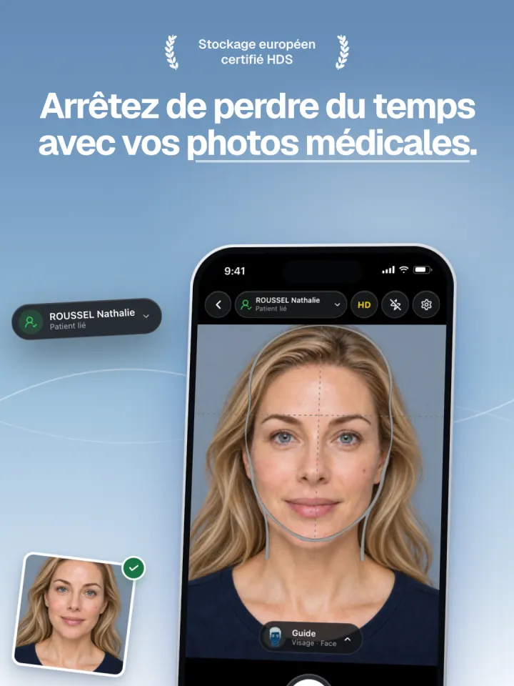 L'appareil photo de MedPix en mode Guide, avec le gabarit de cadrage du visage et le dossier de la patiente.