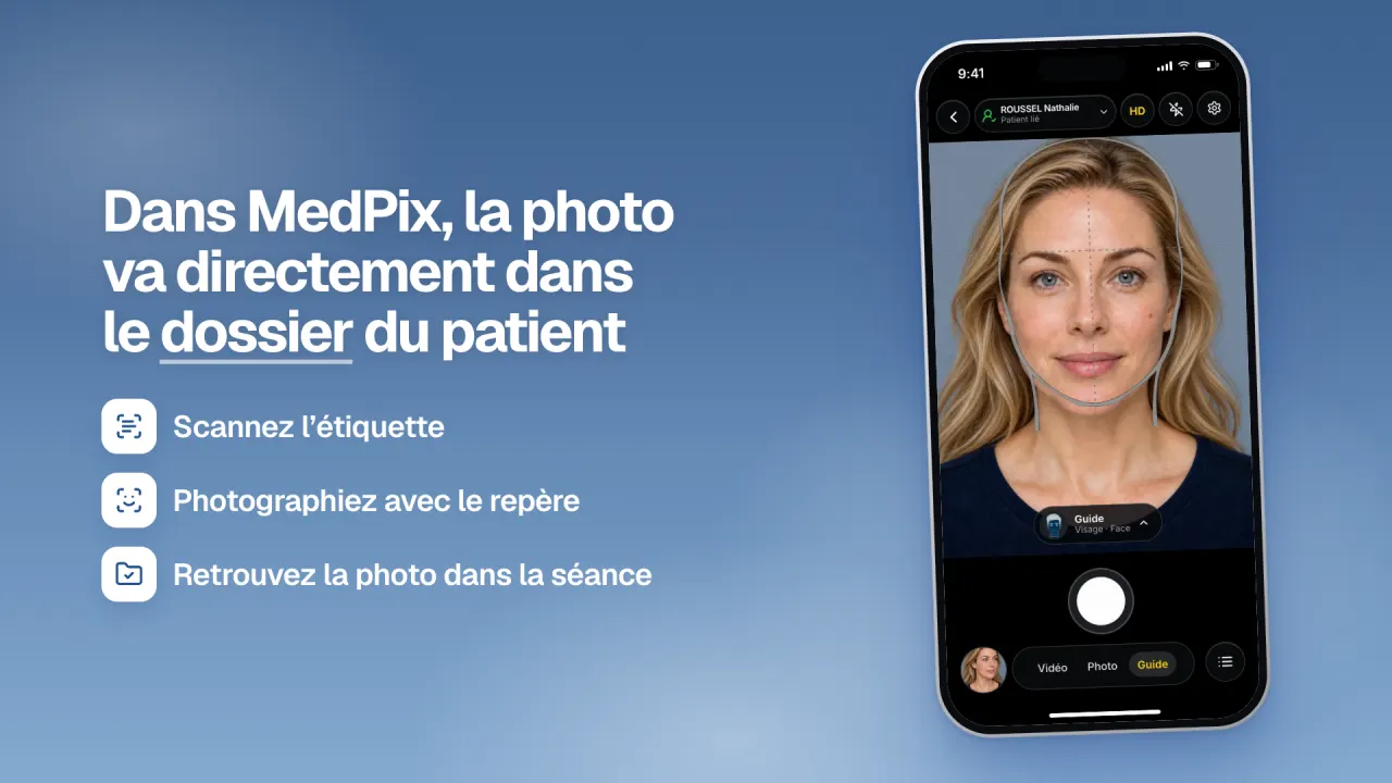 Dans MedPix : scanner l'étiquette, photographier avec le repère, retrouver la photo dans la séance.