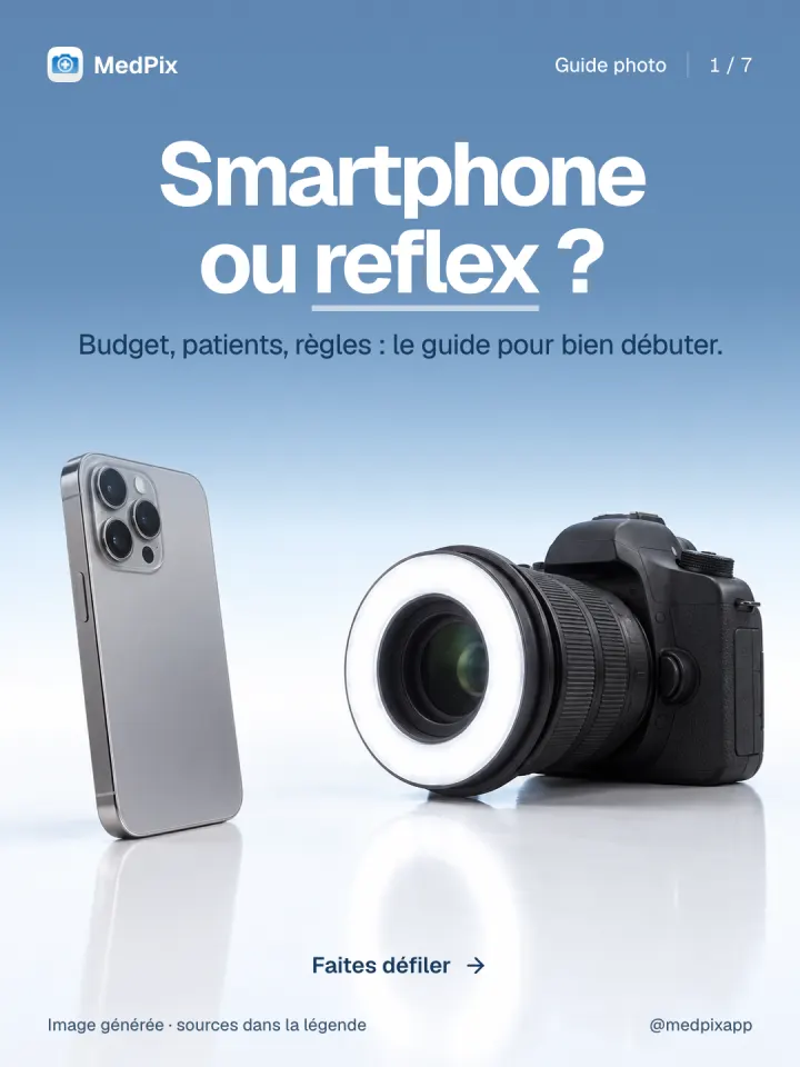 Un smartphone et un appareil reflex équipé d'un flash annulaire, côte à côte.