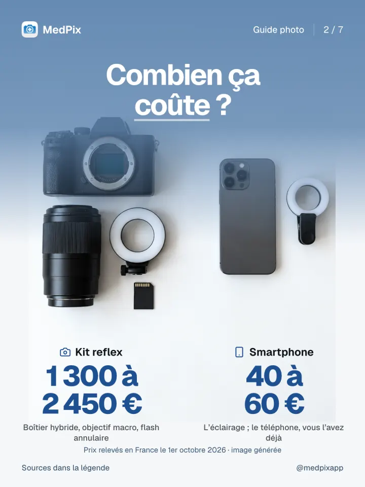 Comparaison du budget : kit reflex de 1 300 à 2 450 €, éclairage pour smartphone de 40 à 60 €.