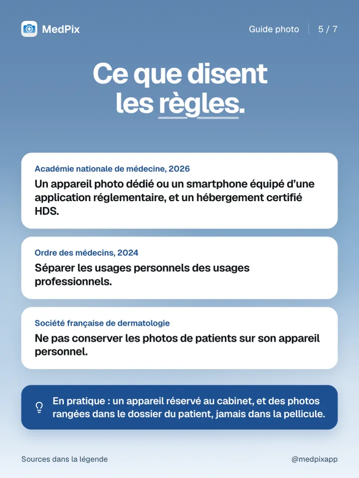 Les règles : Académie nationale de médecine, Ordre des médecins, Société française de dermatologie.
