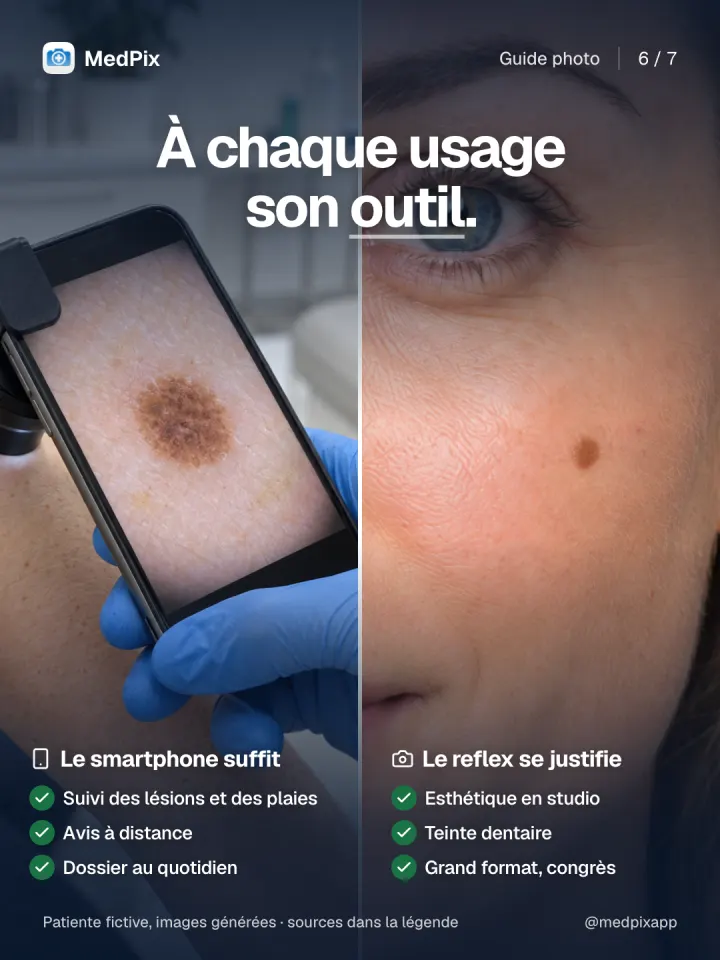 Le smartphone pour le suivi et l'avis à distance, le reflex pour le studio, la teinte dentaire et le grand format.