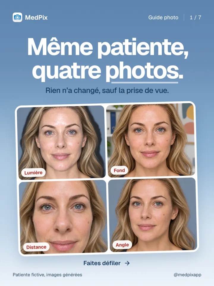 Quatre photos de la même patiente prises avec une lumière, un fond, une distance et un angle différents.