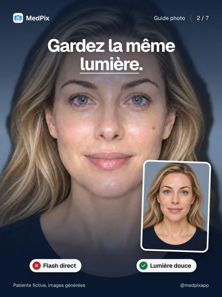 À gauche une photo au flash direct, à droite la même patiente en lumière douce.