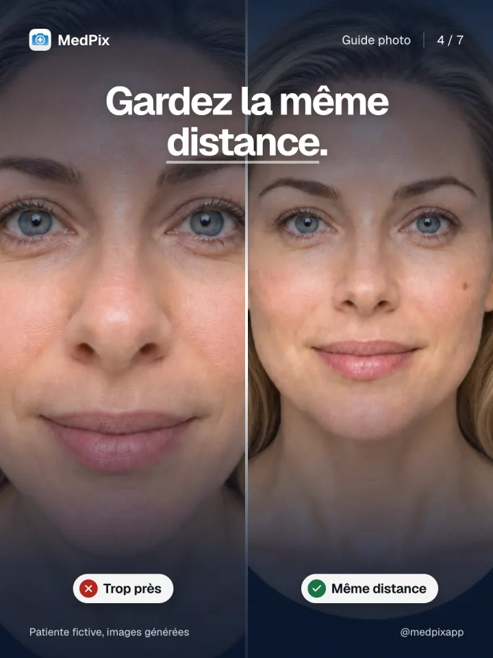 À gauche une photo prise trop près, à droite la même patiente à bonne distance.