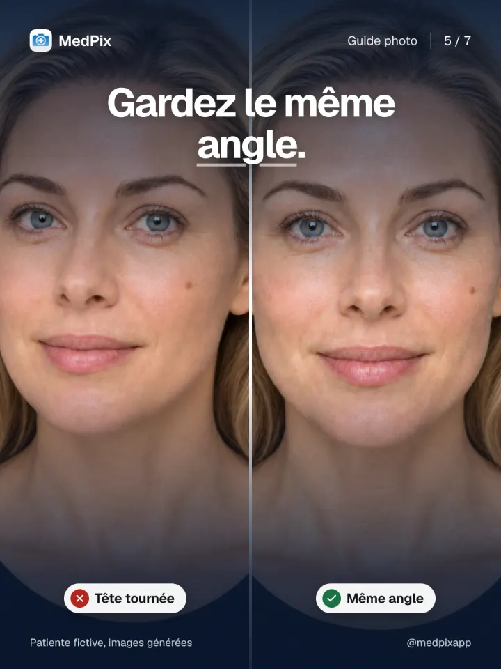 À gauche la tête tournée, à droite la même patiente de face.