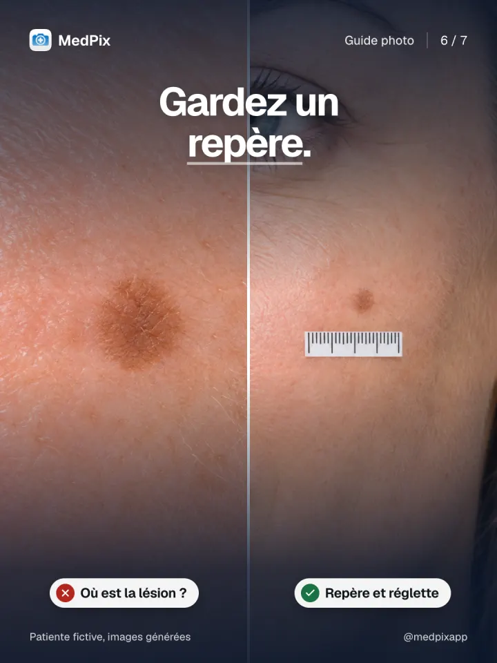 À gauche un gros plan sans repère, à droite la même lésion avec une réglette.